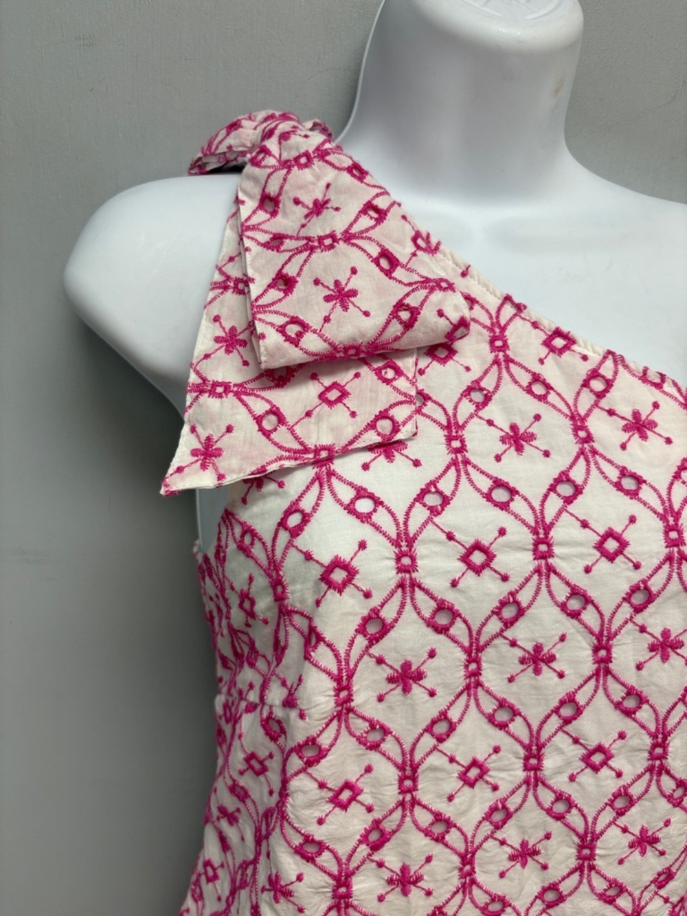 J.Crew One-Shoulder Bow Eyelet Embroidered Dress White Pink Size 2 - Picture 5 of 16